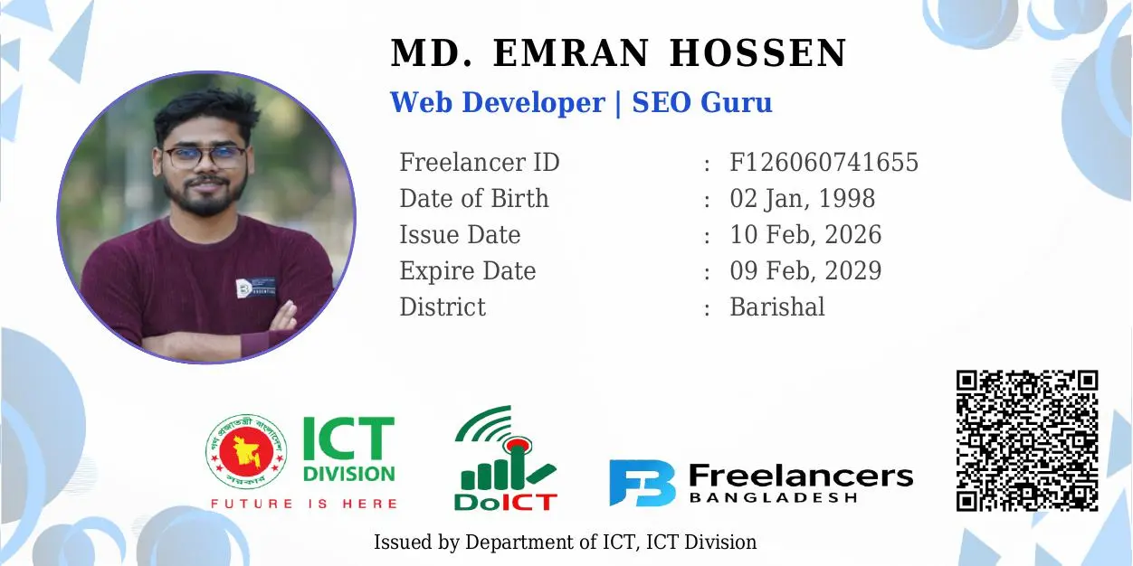 Freelancer ID card of MD. Emran Hossen, Web Developer, issued by the ICT Division of Bangladesh